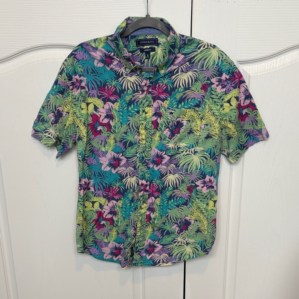 crown & ivy Tropical Leaf Print Shirt - Teal, Green & Purple